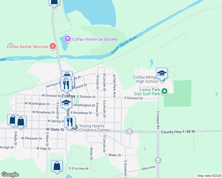 map of restaurants, bars, coffee shops, grocery stores, and more near 100 North Oak Park Avenue in Colfax
