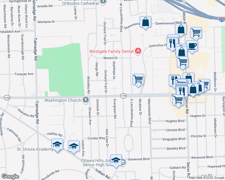 map of restaurants, bars, coffee shops, grocery stores, and more near 3135 Evergreen Road in Toledo