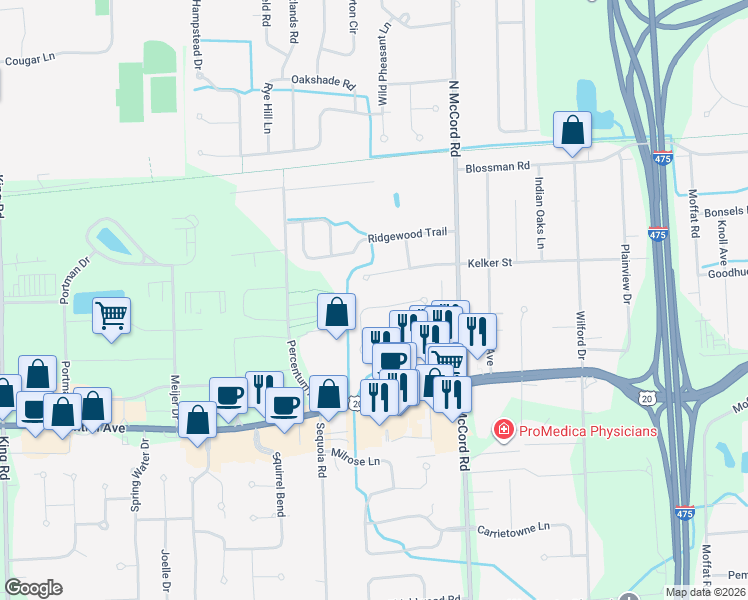 map of restaurants, bars, coffee shops, grocery stores, and more near 3249 Woodbrook Road in Toledo