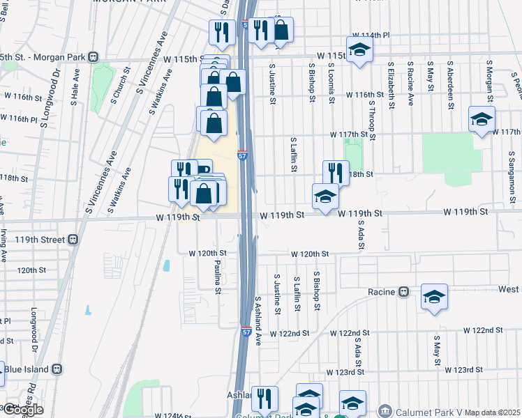 map of restaurants, bars, coffee shops, grocery stores, and more near 11900 South Ashland Avenue in Calumet Park