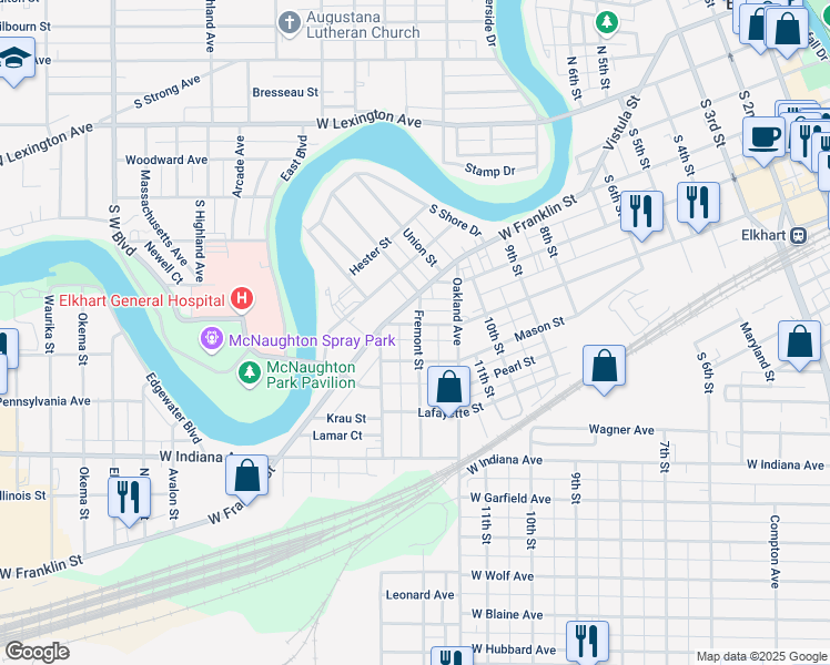 map of restaurants, bars, coffee shops, grocery stores, and more near 1301 Harrison Street in Elkhart