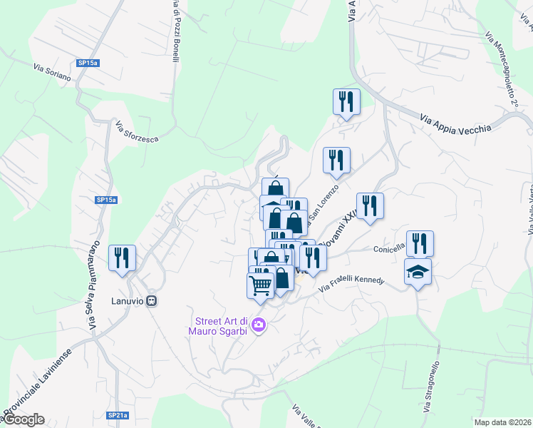 map of restaurants, bars, coffee shops, grocery stores, and more near Via Santa Maria della Pace in Lanuvio