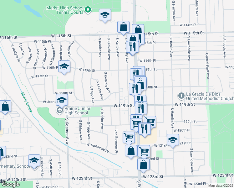 map of restaurants, bars, coffee shops, grocery stores, and more near 11800 South Karlov Avenue in Alsip