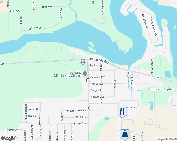 map of restaurants, bars, coffee shops, grocery stores, and more near Connecticut Avenue in Elkhart