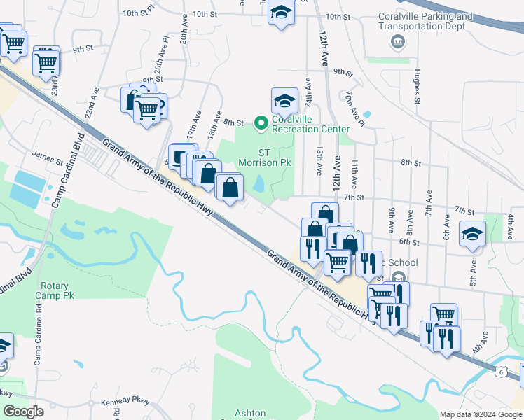 map of restaurants, bars, coffee shops, grocery stores, and more near 1616 5th Street in Coralville