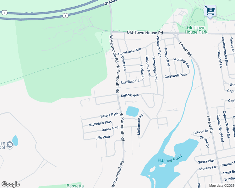 map of restaurants, bars, coffee shops, grocery stores, and more near 516 West Yarmouth Road in Yarmouth