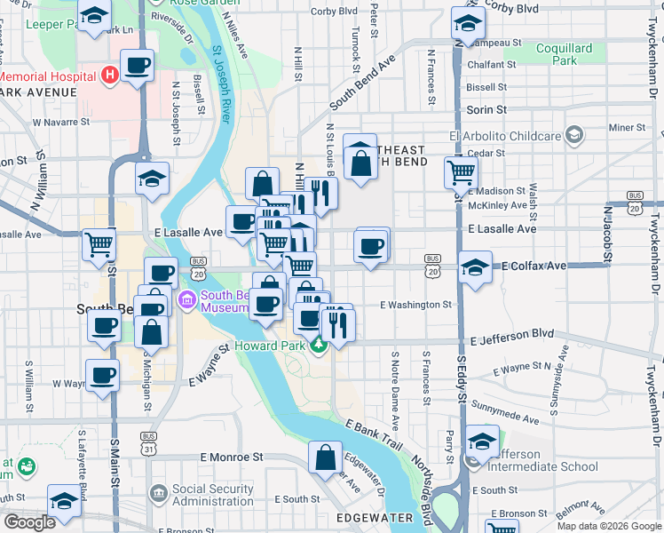 map of restaurants, bars, coffee shops, grocery stores, and more near 205 N St Louis Blvd in South Bend