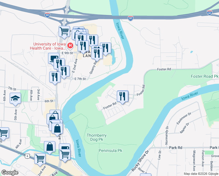 map of restaurants, bars, coffee shops, grocery stores, and more near 743 Walker Circle in Iowa City
