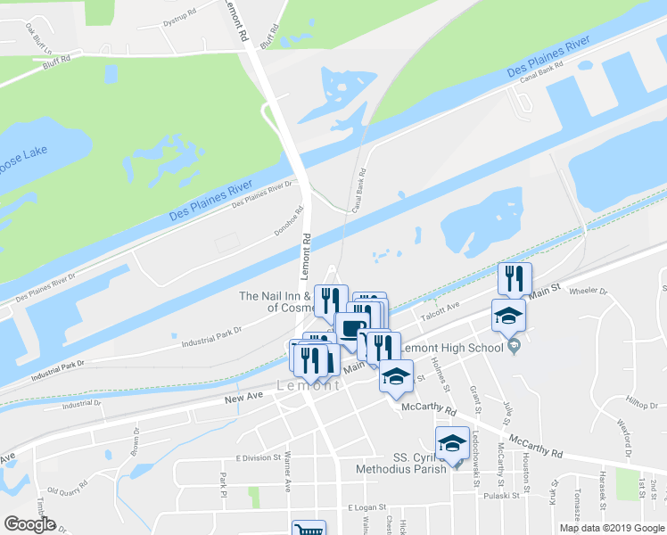 map of restaurants, bars, coffee shops, grocery stores, and more near 4 Stephen Street in Lemont