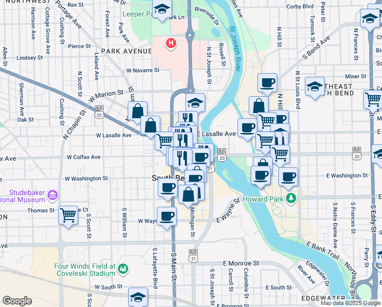 map of restaurants, bars, coffee shops, grocery stores, and more near 221 North Michigan Street in South Bend