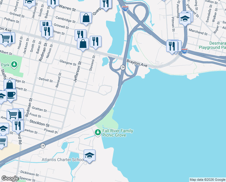 map of restaurants, bars, coffee shops, grocery stores, and more near 589 Detroit Street in Fall River