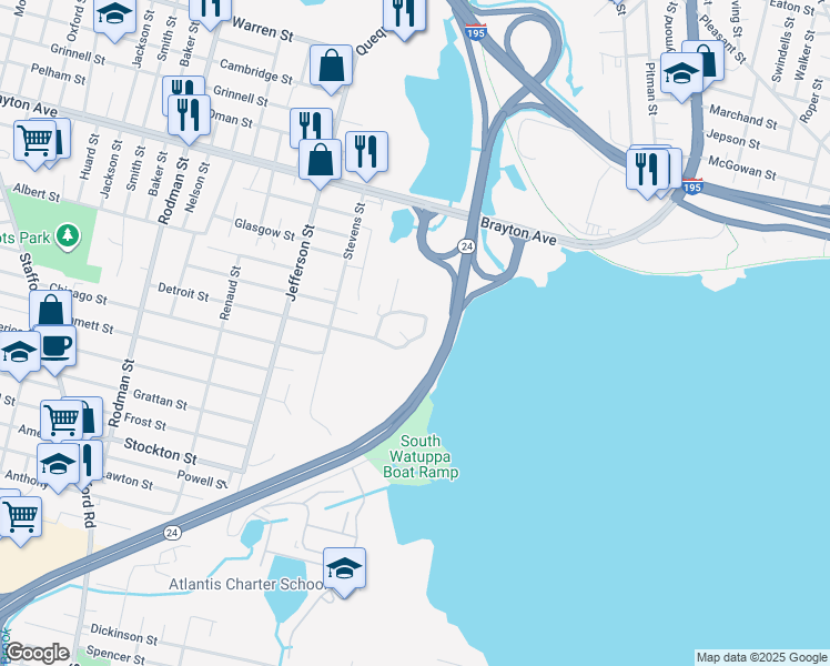 map of restaurants, bars, coffee shops, grocery stores, and more near 589 Detroit Street in Fall River