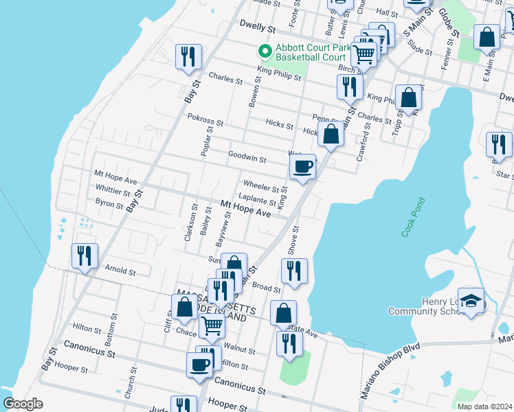 map of restaurants, bars, coffee shops, grocery stores, and more near 605 Mount Hope Avenue in Fall River