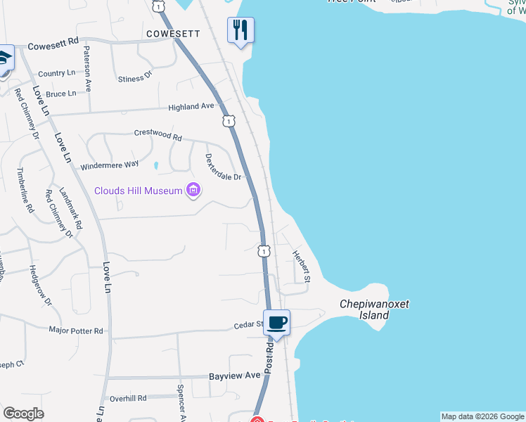map of restaurants, bars, coffee shops, grocery stores, and more near 4172 Post Road in East Greenwich