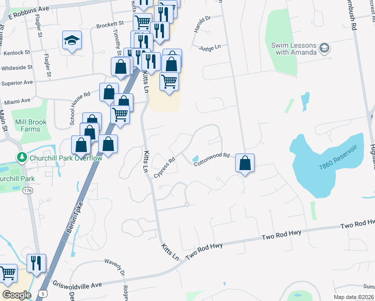 map of restaurants, bars, coffee shops, grocery stores, and more near 505 Cypress Road in Newington