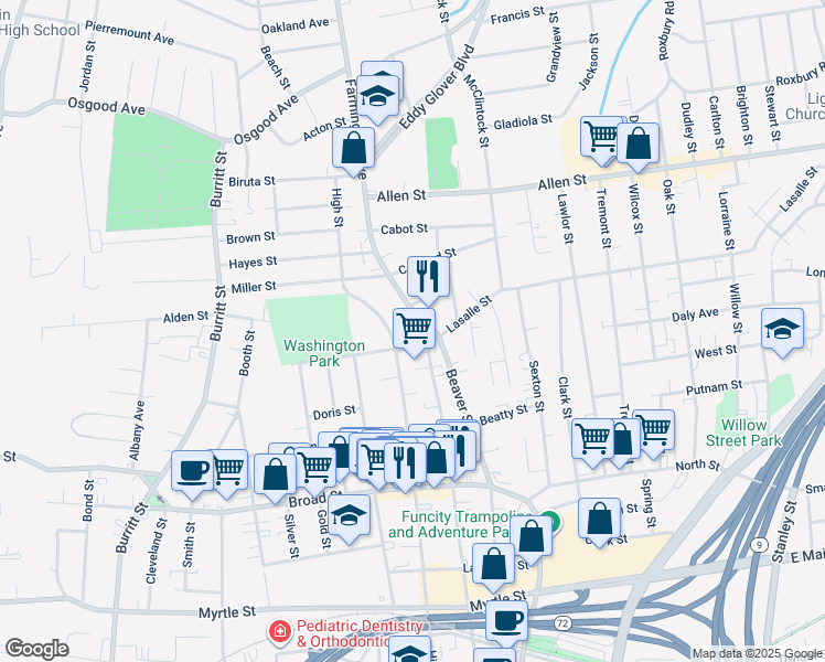 map of restaurants, bars, coffee shops, grocery stores, and more near 352 Washington Street in New Britain