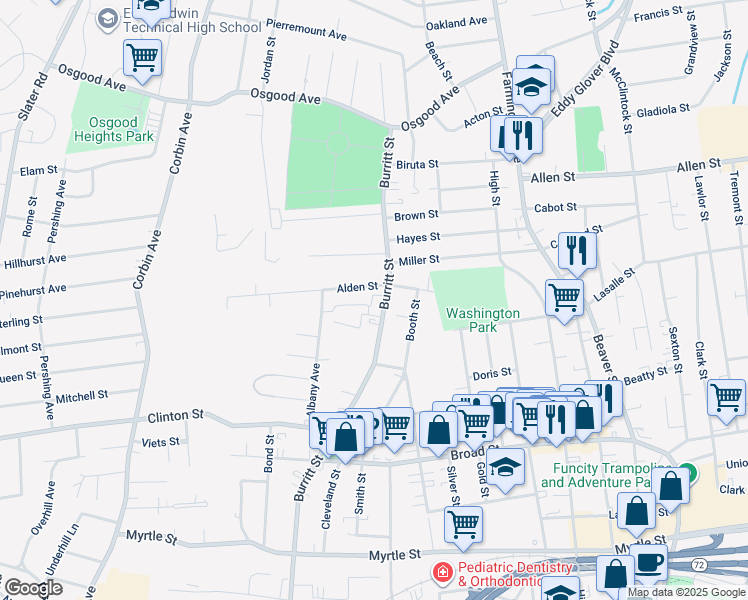 map of restaurants, bars, coffee shops, grocery stores, and more near 471 Burritt Street in New Britain