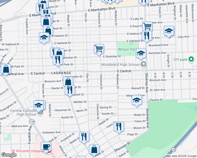 map of restaurants, bars, coffee shops, grocery stores, and more near in Toledo