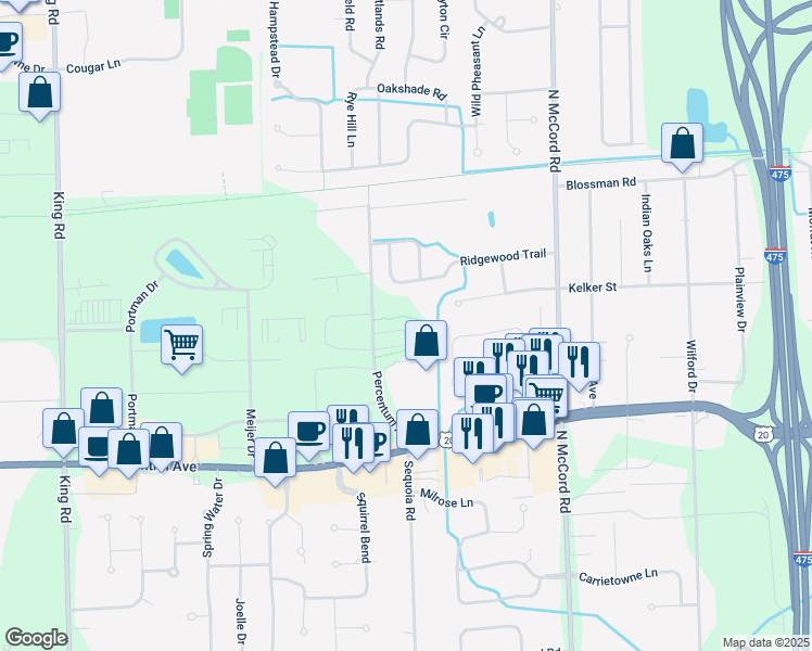 map of restaurants, bars, coffee shops, grocery stores, and more near 3306 Percentum Road in Toledo