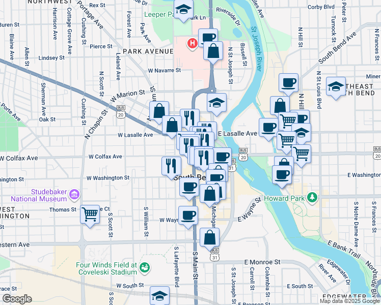 map of restaurants, bars, coffee shops, grocery stores, and more near in South Bend