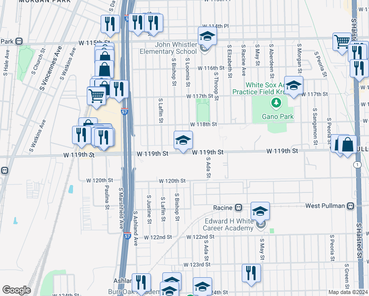 map of restaurants, bars, coffee shops, grocery stores, and more near 1441 West 119th Street in Chicago