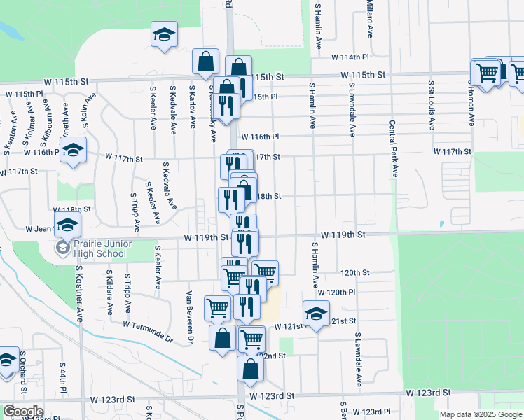map of restaurants, bars, coffee shops, grocery stores, and more near 11831 South Harding Avenue in Alsip
