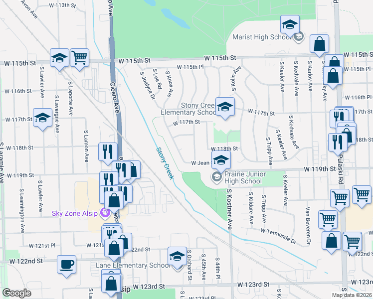 map of restaurants, bars, coffee shops, grocery stores, and more near 11823 South Joalyce Drive in Alsip