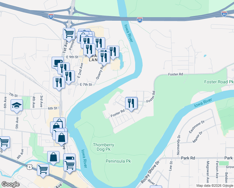 map of restaurants, bars, coffee shops, grocery stores, and more near 743 Walker Circle in Iowa City