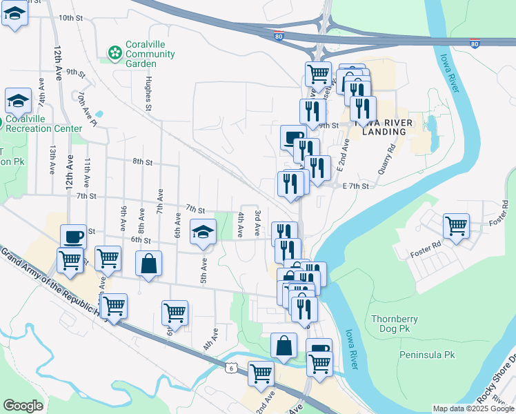 map of restaurants, bars, coffee shops, grocery stores, and more near 822 3rd Avenue in Coralville