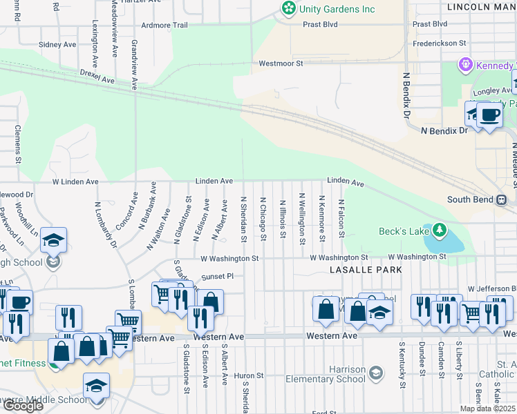 map of restaurants, bars, coffee shops, grocery stores, and more near 233 North Chicago Street in South Bend