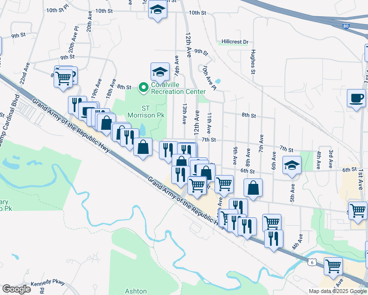 map of restaurants, bars, coffee shops, grocery stores, and more near 640 12th Avenue in Coralville