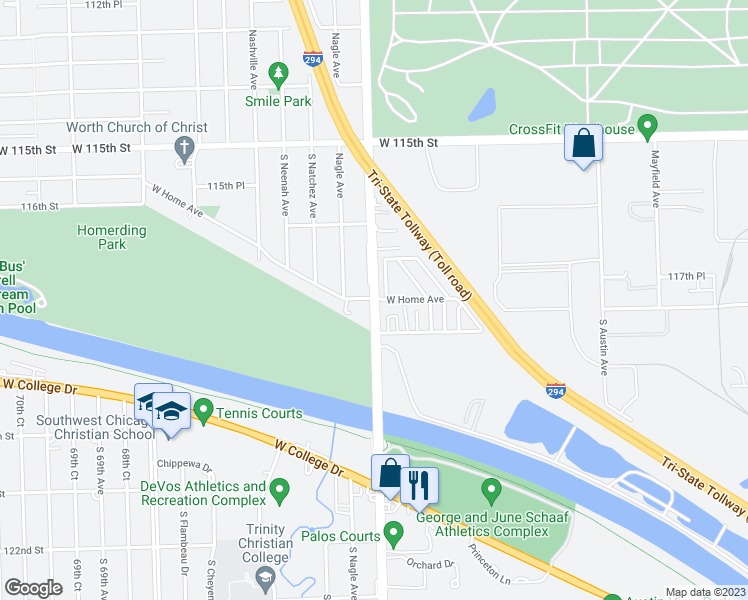 map of restaurants, bars, coffee shops, grocery stores, and more near Ridgeland Ave & Home Ave in Worth