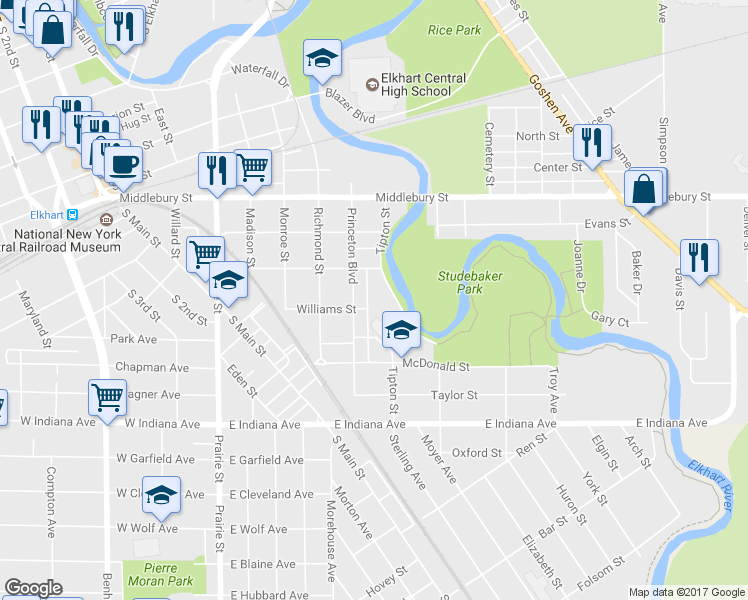 map of restaurants, bars, coffee shops, grocery stores, and more near 702 Williams Street in Elkhart