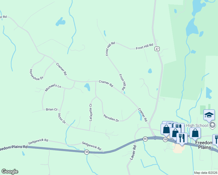 map of restaurants, bars, coffee shops, grocery stores, and more near 132-134 Cramer Road in Poughkeepsie