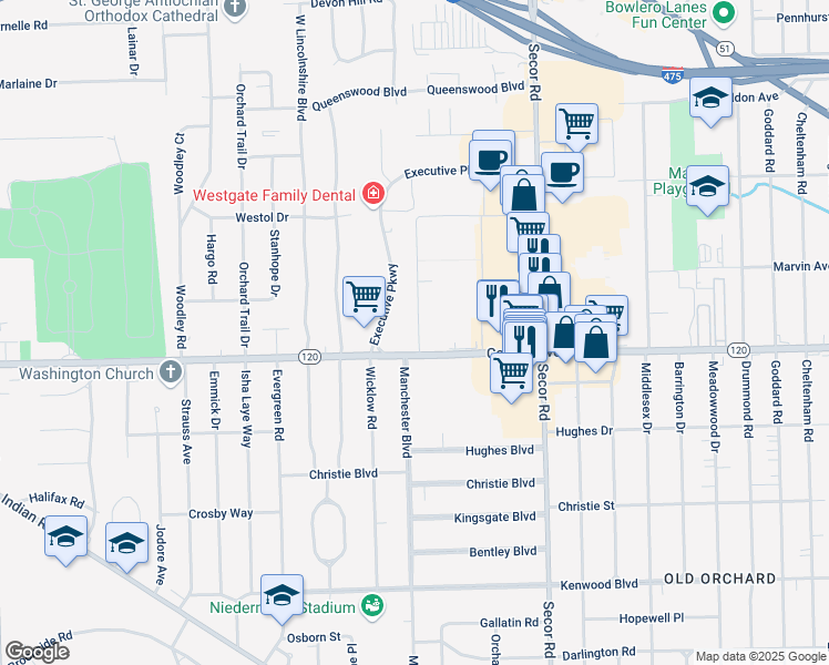 map of restaurants, bars, coffee shops, grocery stores, and more near 3470 Central Avenue in Toledo