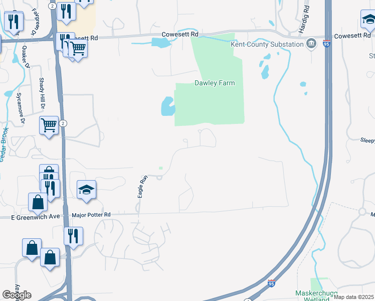 map of restaurants, bars, coffee shops, grocery stores, and more near 19 Eagle Run in East Greenwich