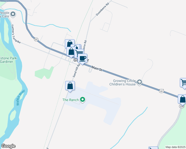 map of restaurants, bars, coffee shops, grocery stores, and more near Route 44-55 in Gardiner