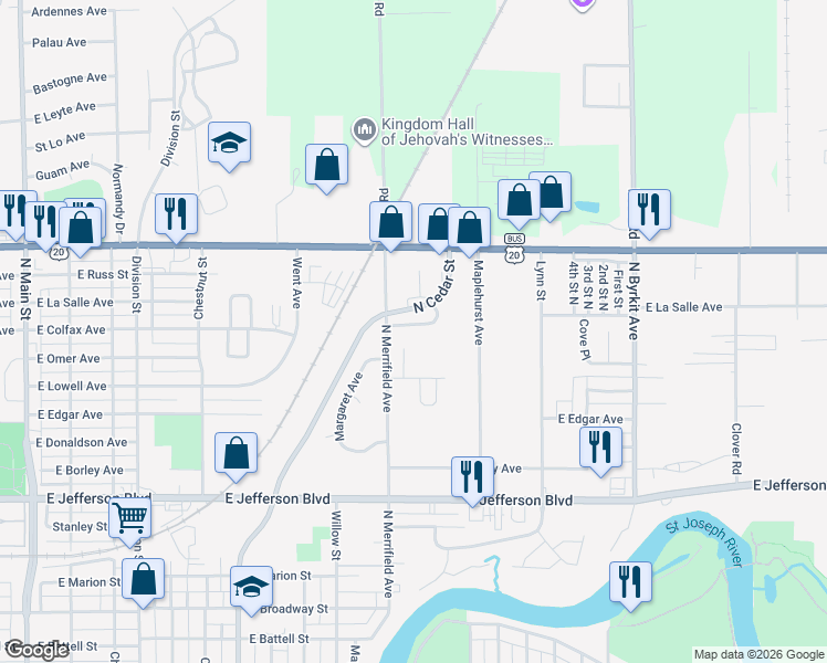 map of restaurants, bars, coffee shops, grocery stores, and more near 1101-1299 Alex Way in Mishawaka