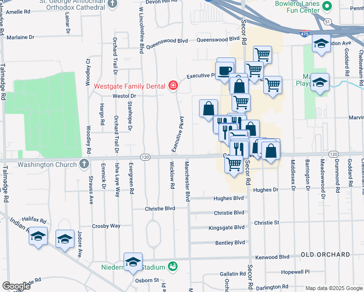 map of restaurants, bars, coffee shops, grocery stores, and more near 3470 Central Avenue in Toledo