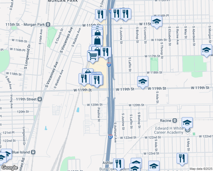 map of restaurants, bars, coffee shops, grocery stores, and more near 11840 South Marshfield Avenue in Chicago