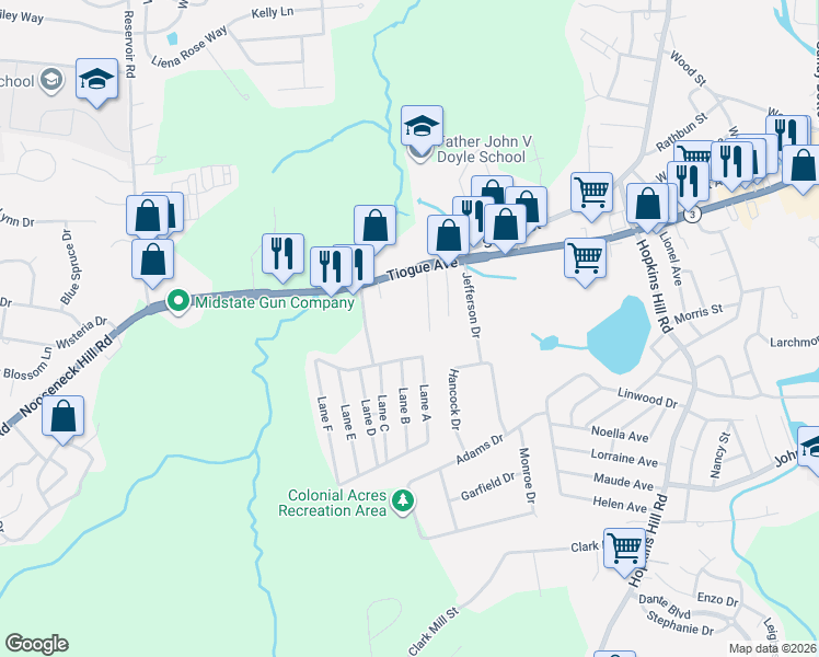 map of restaurants, bars, coffee shops, grocery stores, and more near 1010 Tiogue Avenue in Coventry