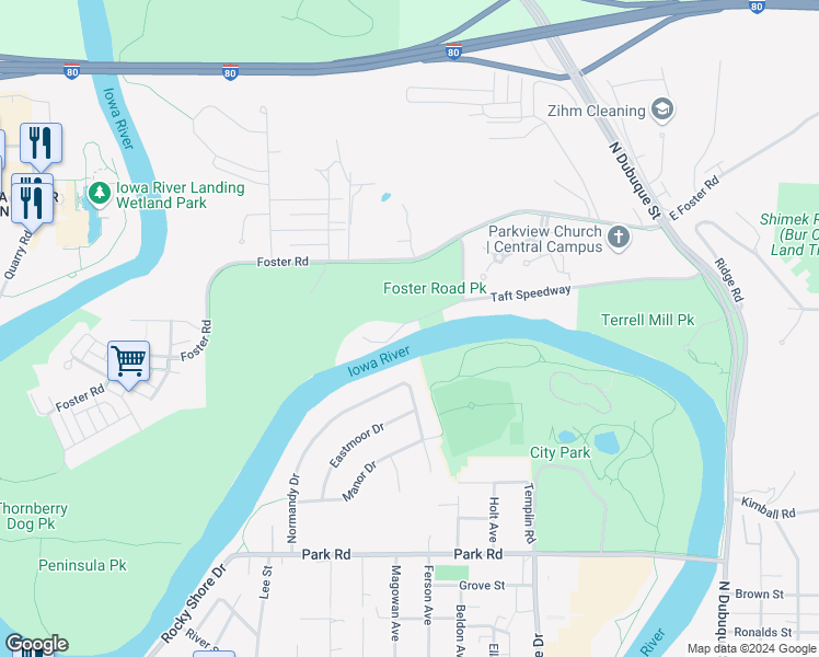 map of restaurants, bars, coffee shops, grocery stores, and more near 417 Taft Speedway Street in Iowa City