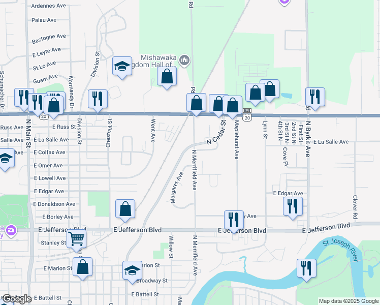 map of restaurants, bars, coffee shops, grocery stores, and more near 1917 North Merrifield Avenue in Mishawaka