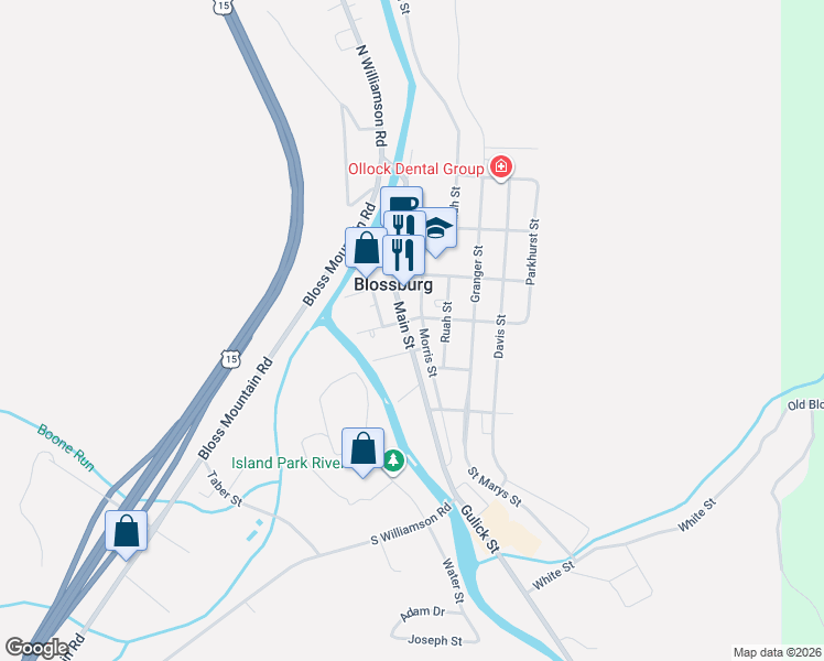 map of restaurants, bars, coffee shops, grocery stores, and more near 240-276 Morris Street in Blossburg