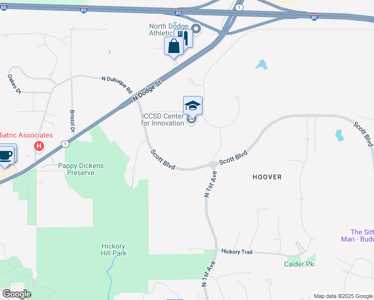 map of restaurants, bars, coffee shops, grocery stores, and more near 2201 North Dubuque Road in Iowa City