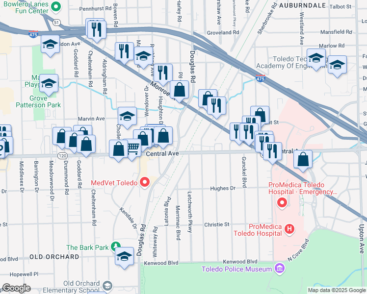 map of restaurants, bars, coffee shops, grocery stores, and more near 3042 Letchworth Parkway in Toledo