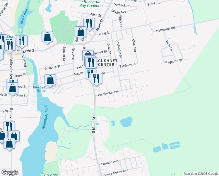 map of restaurants, bars, coffee shops, grocery stores, and more near 23 Pembroke Avenue in Acushnet