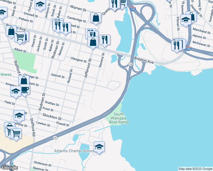 map of restaurants, bars, coffee shops, grocery stores, and more near 521 Detroit Street in Fall River