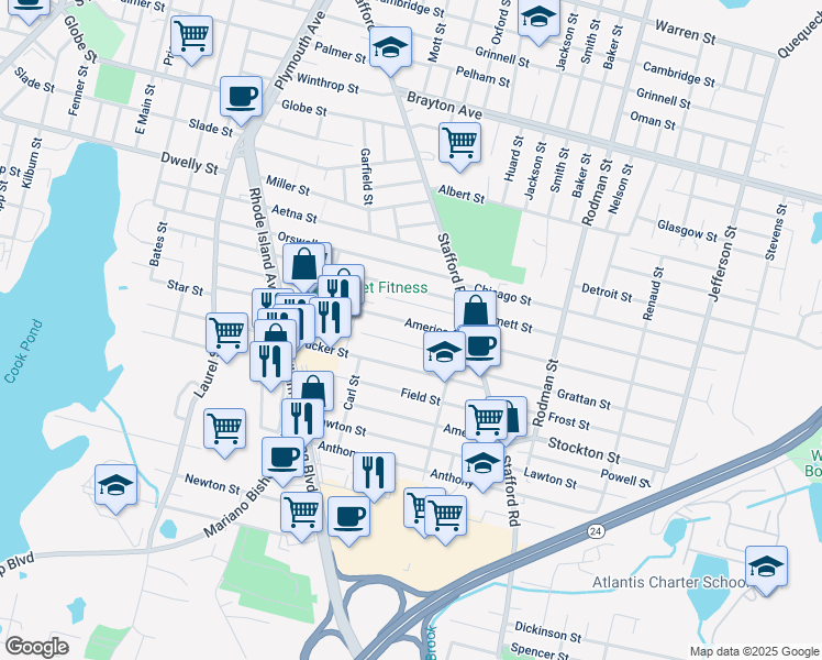 map of restaurants, bars, coffee shops, grocery stores, and more near 460 Ludlow Street in Fall River