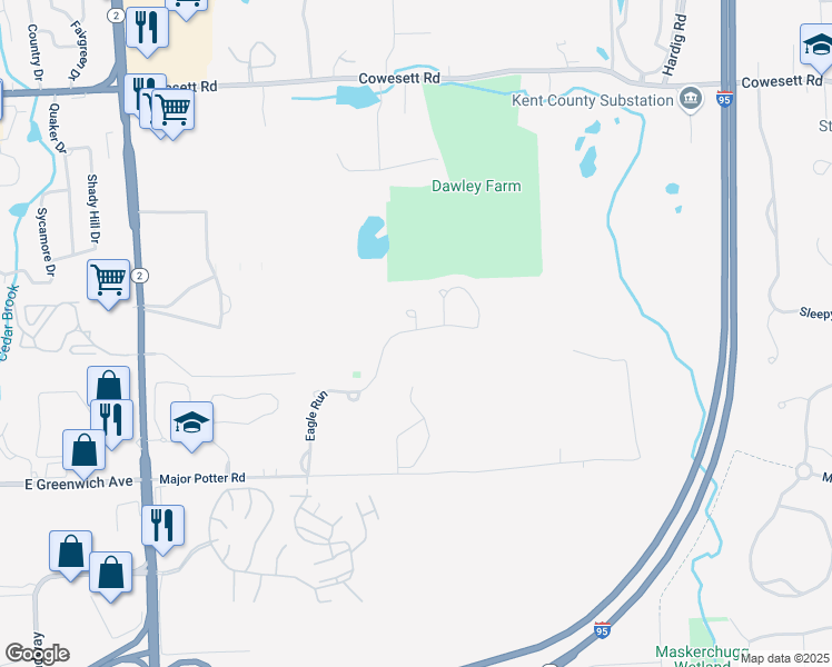 map of restaurants, bars, coffee shops, grocery stores, and more near 19 Eagle Run in East Greenwich